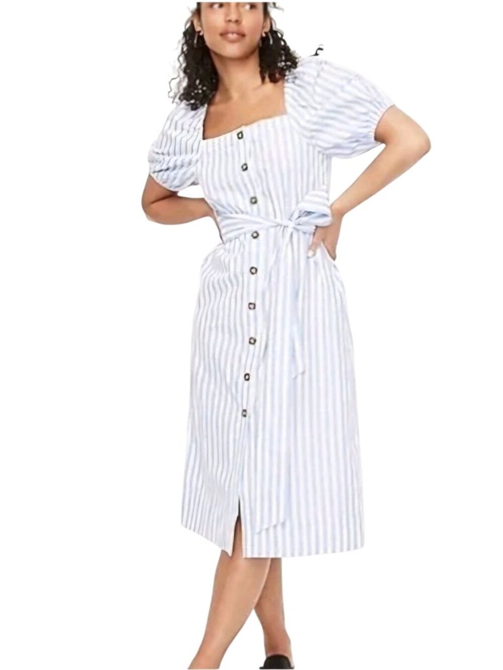J.Crew Cottage Dress Blue Stripe Puff Sleeve Midi 2021 Belted Button Size M